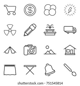 thin line icon set : cart, dollar, atom core, lightning, nuclear, pencil, fountain, shipping, tent, camera, landscape, home, curtain, iron board, bell, big spoon