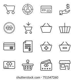 thin line icon set : cart, target audience, card, investment, crypto currency, add to, basket, credit, account balance, remove from, shop