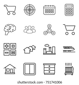 thin line icon set : cart, target, calendar, calculator, brain, group, spinner, houses, city, train, home, power switch, chest of drawers, radiator