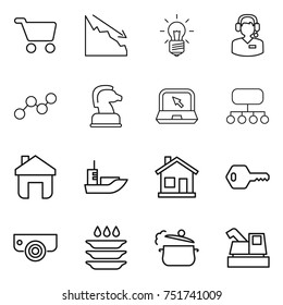 thin line icon set : cart, crisis, bulb, call center, graph, chess horse, notebook, structure, home, sea shipping, key, surveillance camera, plate washing, steam pan, harvester