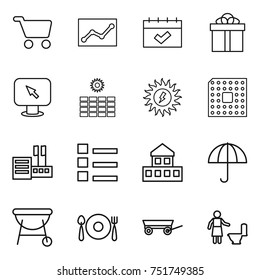 thin line icon set : cart, statistics, calendar, gift, monitor arrow, sun power, cpu, store, list, cottage, dry cargo, bbq, fork spoon plate, trailer, toilet cleaning