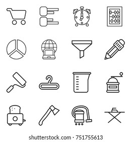 thin line icon set : cart, diagram, alarm clock, abacus, notebook globe, funnel, pencil, repair, hanger, measuring cup, hand mill, toaster, axe, vacuum cleaner, iron board