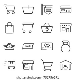 thin line icon set : cart, basket, shop signboard, card, shopping bag, delivery, add to, scales, sale, credit, heavy, fast deliver, warehouse