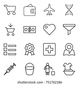 thin line icon set : cart, wallet, plane, dna, add to, money, heart, funnel, list, medal, first aid, map, syringe, bucket, garbage bin, handle washing