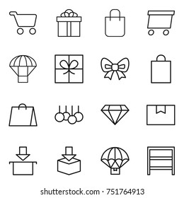 thin line icon set : cart, gift, shopping bag, delivery, parachute, bow, sale, diamond, package box, rack