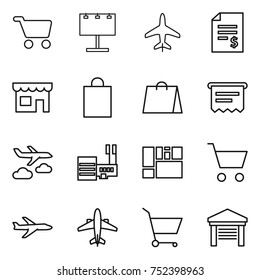thin line icon set : cart, billboard, plane, account balance, shop, shopping bag, atm receipt, journey, mall, consolidated cargo, airplane, garage