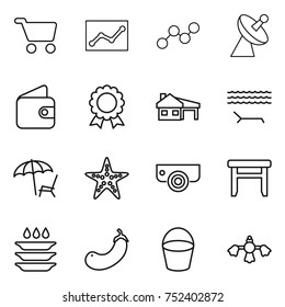 thin line icon set : cart, statistics, graph, satellite antenna, wallet, medal, house with garage, lounger, starfish, surveillance camera, stool, plate washing, eggplant, bucket