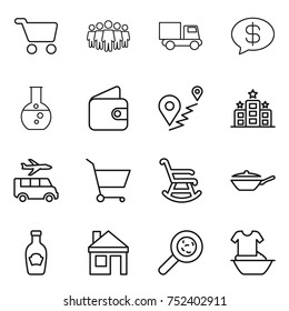 thin line icon set : cart, team, truck, money message, round flask, wallet, route, hotel, transfer, rocking chair, pan, ketchup, house, viruses, handle washing
