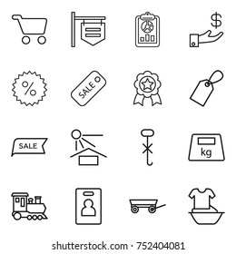 thin line icon set : cart, shop signboard, report, investment, percent, sale, medal, label, sun potection, do not hook sign, heavy, train, identity card, trailer, handle washing