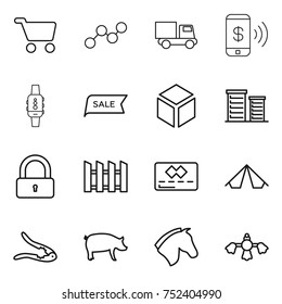thin line icon set : cart, graph, truck, phone pay, smart watch, sale, 3d, district, lock, fence, credit card, tent, walnut crack, pig, horse, hard reach place cleaning