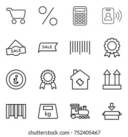 thin line icon set : cart, percent, calculator, pass card, sale, bar code, medal, info, smart house, cargo top sign, heavy, train, package