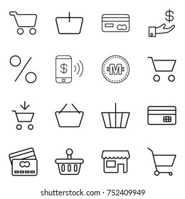 thin line icon set : cart, basket, card, investment, percent, phone pay, crypto currency, add to, credit, shop