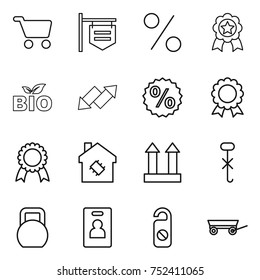 thin line icon set : cart, shop signboard, percent, medal, bio, up down arrow, smart house, cargo top sign, do not hook, heavy, identity card, distrub, trailer