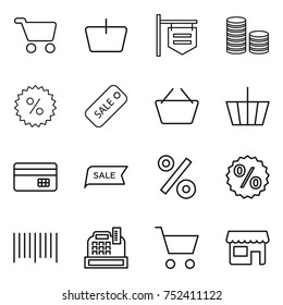thin line icon set : cart, basket, shop signboard, coin stack, percent, sale, credit card, bar code, cashbox
