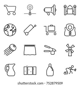 thin line icon set : cart, laser, megafon, minaret, globe, suitcase, baggage trolley, life vest, jellyfish, curtain, garlic clasp, windmill, jug, clean window, cleanser, vacuum cleaner