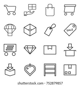thin line icon set : cart, gift, shopping bag, delivery, parachute, box, label, sale, diamond, package, heart pendant, rack