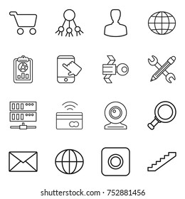 thin line icon set : cart, share, man, globe, report, touch, satellite, pencil wrench, server, tap to pay, web cam, magnifier, mail, ring button, stairs
