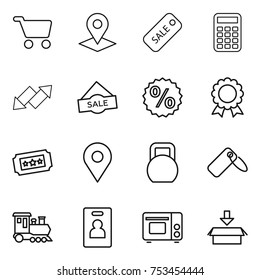 thin line icon set : cart, pointer, sale, calculator, up down arrow, percent, medal, ticket, geo pin, heavy, label, train, identity card, grill oven, package