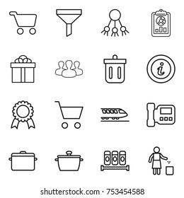thin line icon set : cart, funnel, share, report, gift, group, bin, info, medal, train, intercome, pan, spices, garbage