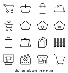 thin line icon set : cart, basket, shopping bag, add to, remove from, pallet, atm, credit card, shop
