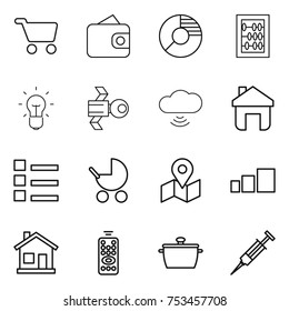 thin line icon set : cart, wallet, circle diagram, abacus, bulb, satellite, cloud wireless, home, list, baby stroller, map, sorting, remote control, pan, syringe