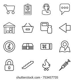 thin line icon set : cart, report, call center, message, warehouse, remove from basket, scales weight, left arrow, info, money, ticket, map, locked, stairs, fire, syringe