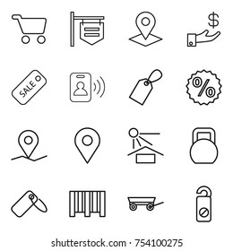 thin line icon set : cart, shop signboard, pointer, investment, sale, pass card, label, percent, geo pin, sun potection, heavy, bar code, trailer, do not distrub