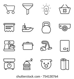 thin line icon set : cart, funnel, bulb, delete, atm receipt, sea shipping, heavy, surveillance camera, coffee maker, pan, vacuum cleaner, kitchen scales, hand mill, pig, paper towel