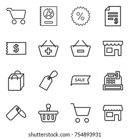 thin line icon set : cart, annual report, percent, account balance, receipt, add to basket, remove from, shop, shopping bag, label, sale, cashbox