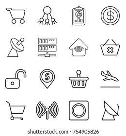 thin line icon set : cart, share, report, dollar, satellite antenna, server, wireless home, delete, unlock, pin, basket, arrival, ring button