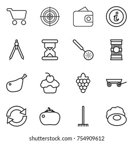 thin line icon set : cart, target, wallet, info, drawing compasses, sand clock, skimmer, pasta, chicken leg, cupcake, grape, trailer, reload, tomato, rake, soap