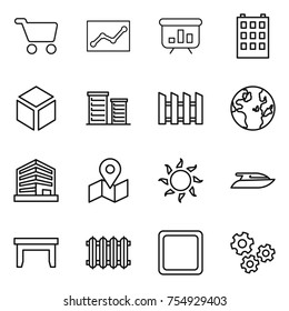 thin line icon set : cart, statistics, presentation, building, 3d, district, fence, globe, office, map, sun, yacht, table, radiator, cutting board, gears
