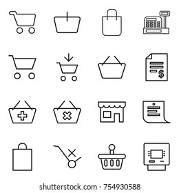thin line icon set : cart, basket, shopping bag, cashbox, add to, account balance, delete, shop, list, do not trolley sign, atm