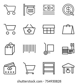 thin line icon set : cart, shop signboard, money, dollar arrow, add to basket, market, shopping bag, bar code, cargo stoller, mall, credit card, rack, warehouse