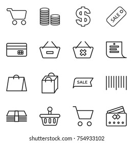 thin line icon set : cart, coin stack, dollar, sale, credit card, remove from basket, delete, shopping list, bag, bar code, money