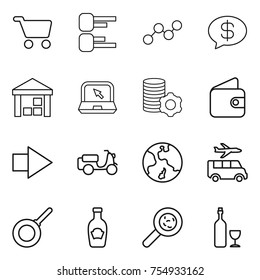 thin line icon set : cart, diagram, graph, money message, warehouse, notebook, virtual mining, wallet, right arrow, scooter shipping, earth, transfer, pan, ketchup, viruses, wine