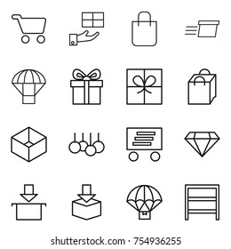 thin line icon set : cart, gift, shopping bag, delivery, parachute, box, sale, diamond, package, rack