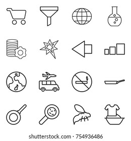 thin line icon set : cart, funnel, globe, round flask, virtual mining, bang, left arrow, sorting, earth, transfer, no smoking, pan, viruses, wasp, handle washing