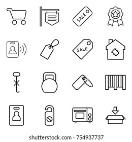 thin line icon set : cart, shop signboard, sale, medal, pass card, label, smart house, do not hook sign, heavy, bar code, identity, distrub, grill oven, package