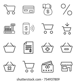 thin line icon set : cart, card, money gift, percent, cashbox, phone pay, add to, basket, account balance, remove from, delete, credit, shop