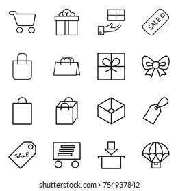 thin line icon set : cart, gift, sale, shopping bag, bow, box, label, delivery, package, parachute