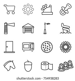 thin line icon set : cart, round around, cashbox, nipple, lighthouse, garage, outdoor light, aquapark, door, microwave oven, cookies, flower, horse, acorn, toilet paper, outsource