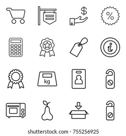 thin line icon set : cart, shop signboard, investment, percent, calculator, medal, label, info, heavy, identity card, do not distrub, grill oven, pear, package
