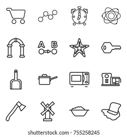 thin line icon set : cart, graph, alarm clock, atom, arch, route a to b, starfish, key, scoop, saute pan, microwave oven, food processor, axe, windmill, foam basin, floor washing