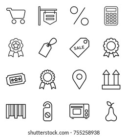 thin line icon set : cart, shop signboard, percent, calculator, medal, label, sale, ticket, geo pin, cargo top sign, bar code, do not distrub, grill oven, pear
