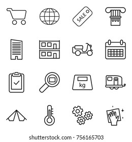 Thin line icon set : cart, globe, sale, column, skyscraper, modular house, scooter shipping, calendar, clipboard check, cargo search, heavy, trailer, tent, thermometer, gears, wiping