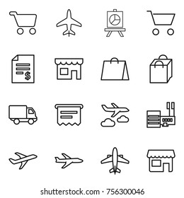 Thin line icon set : cart, plane, presentation, account balance, shop, shopping bag, delivery, atm receipt, journey, mall, airplane