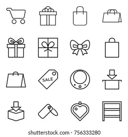 Thin line icon set : cart, gift, shopping bag, bow, sale label, necklace, package, heart pendant, rack