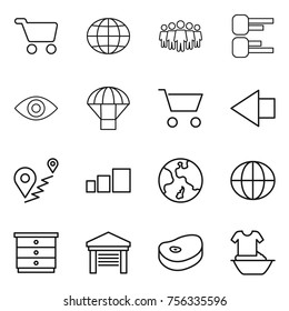 Thin line icon set : cart, globe, team, diagram, eye, parachute, left arrow, route, sorting, earth, chest of drawers, garage, steake, handle washing