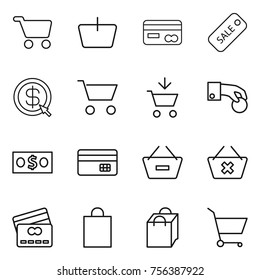 Thin line icon set : cart, basket, card, sale, dollar arrow, add to, hand coin, money, credit, remove from, delete, shopping bag